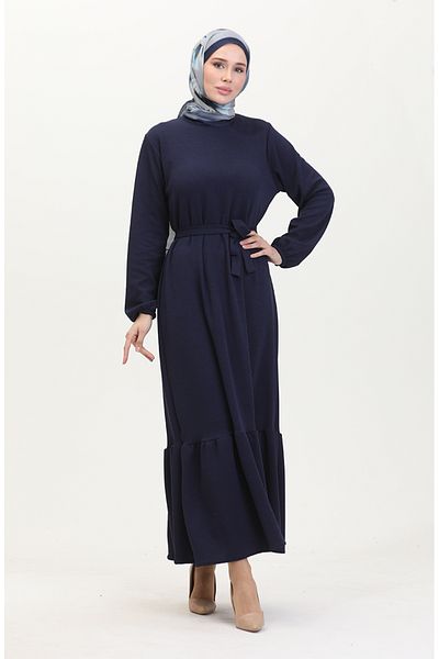 sefamerve Twist Stoff geripptes Rüschenkleid 0528-02 Marineblau