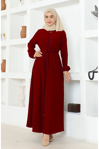 sefamerve Burgundy Ferace - Wrapped Fabric and Belted 1019-08