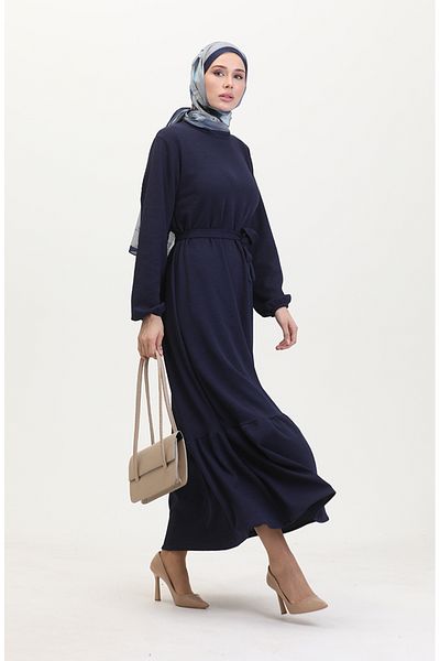 sefamerve Twist Stoff geripptes Rüschenkleid 0528-02 Marineblau