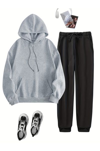 MODAVİBE Women's Large Size Unisex Straight Elastic Leg Hooded Tracksuit Suit