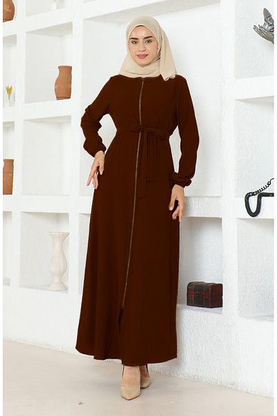 sefamerve Bürümcük Fabric Belted Ferace 1019-07 Καφέ