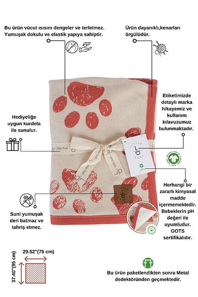 Next Baby Little Dedi Sherpa Organic Cotton Double Sided Brick Baby Kids Cute Paw Blanket, 80X100
