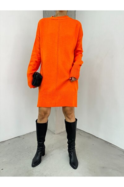 Modamorfo Crew Neck Hijab Winter Knitwear Tunic - Orange