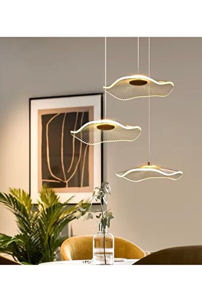Buiva Modern Lotus Sarkıt Avize 3 lü Sarkıt Avize French Gold Sarı Power Led Avize Warm White Gün Işığı