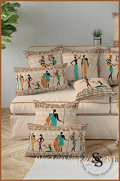 SasoHome Кремовий мелений етнічний африканський бірюзовий візерунок з цифровим друком на подушці