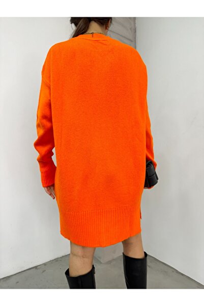 Modamorfo Crew Neck Hijab Winter Knitwear Tunic - Orange
