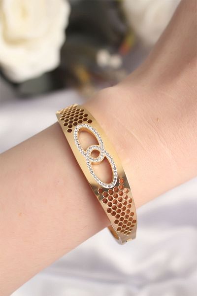 Skygo 316L Steel Gold Color Zircon Stone Women's Handcuffs Bracelet - Tj-Bb6022