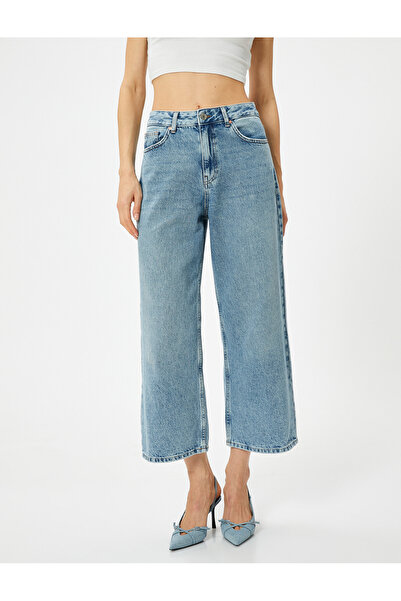 Koton Džíny s širokými krátkými nohavicemi Standardní bavlněná kapsa v pase - Bianca Crop Jeans