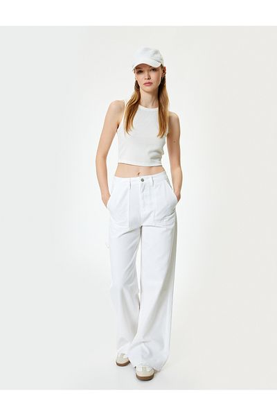 Koton Jeanshose mit weitem Bein, Standard-Taschendetail an der Taille, geknöpfte Baumwolle – Bianca Jeans