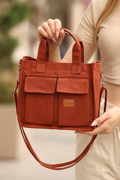PiyasaSepeti Women's 2 Front Pockets Canvas Fabric Adjustable Strap Cream Color Zipper Bag