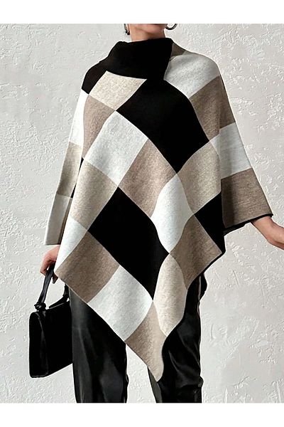sportiness Women's Square Print Neckline Triangle Knitwear Poncho