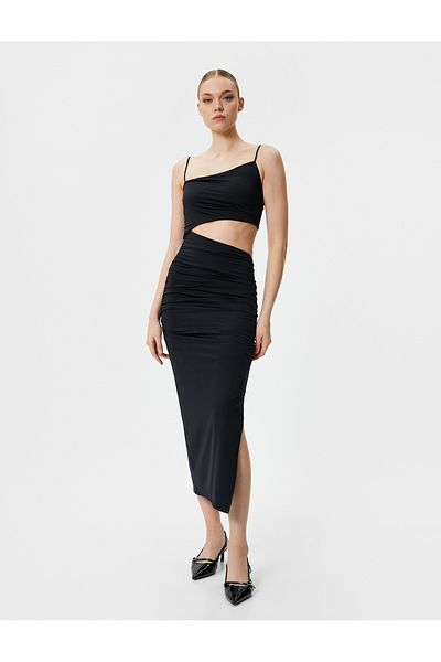 Koton Abendkleid Asymmetrischer Schnitt Fenster Detaillierte Drapierte Dünne Träger Midi Länge