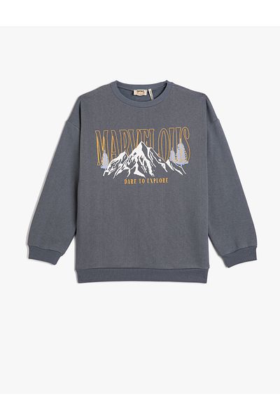 Koton Nature Printed Long Sleeve Sweatshirt - Crew Neck Raised