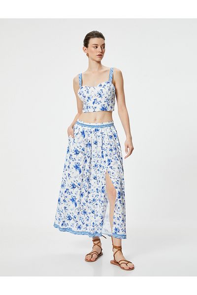 Koton Midi Floral Skirt Slit Detail Viscous Fabric
