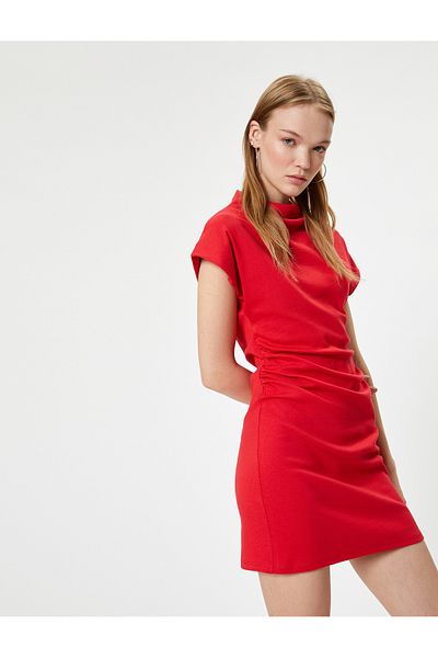 Koton Stand Collar Mini Dress - Short Sleeve and Draped