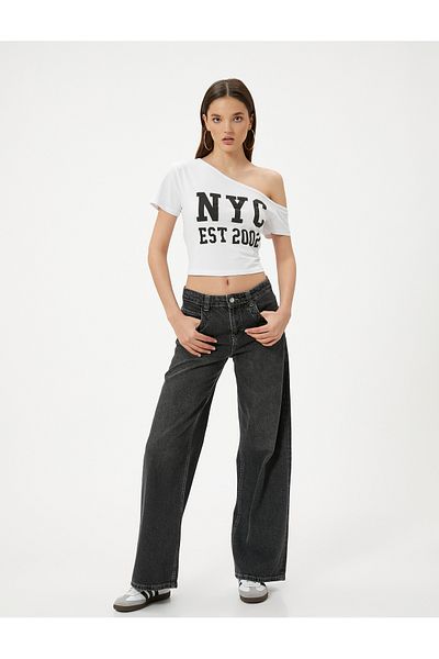 Koton College Printed Cotton Crop Boat Neck T-Shirt - Short Sleeve