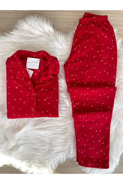 Pijamacs Fleece Pajama Set - Red Star Pattern, Buttoned Front