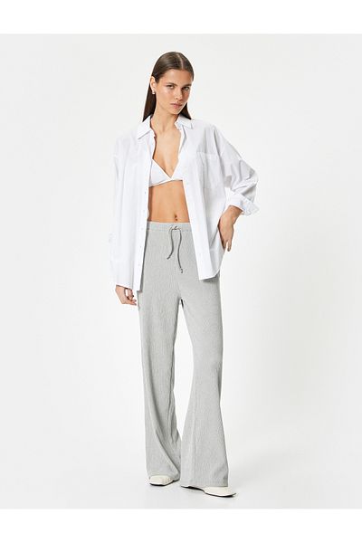 Koton Wide Leg Trousers Textured Comfortable Fit Waist Tie Viscous Fabric Blended Wrap