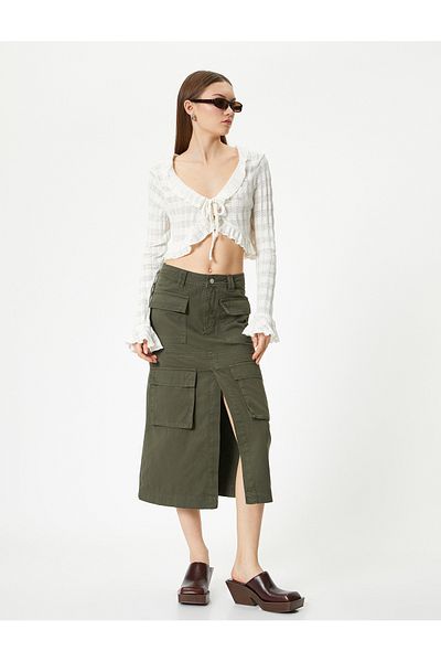 Koton Cargo Midi Denim Skirt with Front Slit Comfortable Fit