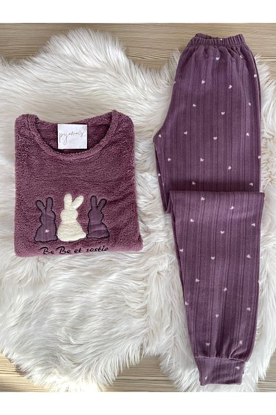 Pijamacs Set de pijamale din lână cu model iepure liliac cu detaliu de pluș în față