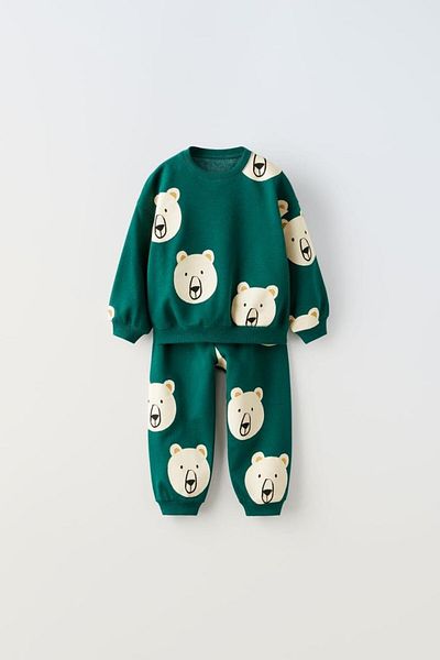 Magu Green Patterned Cotton Sweatshirt and Sweatpants Set - Unisex Kids