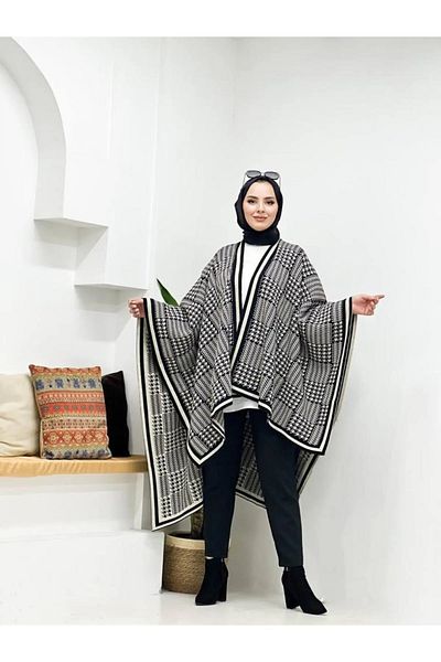 sportiness Women's Double-Sided Use Houndstooth Pattern Knitwear Shawl Poncho