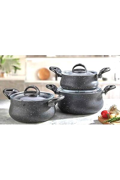 Eda Burak Eda 3-Piece Granite Deep Pot Set with Glass Lid Cast Gray 16-18-20 cm