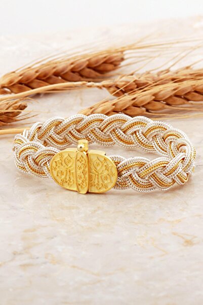 Sümer Telkari Midyat Hasırı Altın Kaplama Anadolu Motifli Örgü Gümüş Bileklik...
