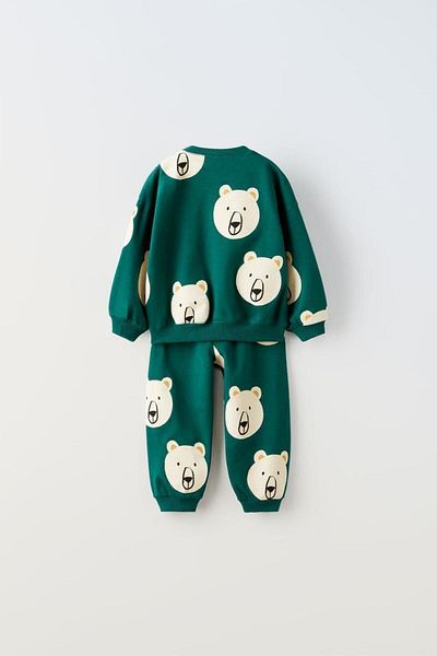 Magu Green Patterned Cotton Sweatshirt and Sweatpants Set - Unisex Kids