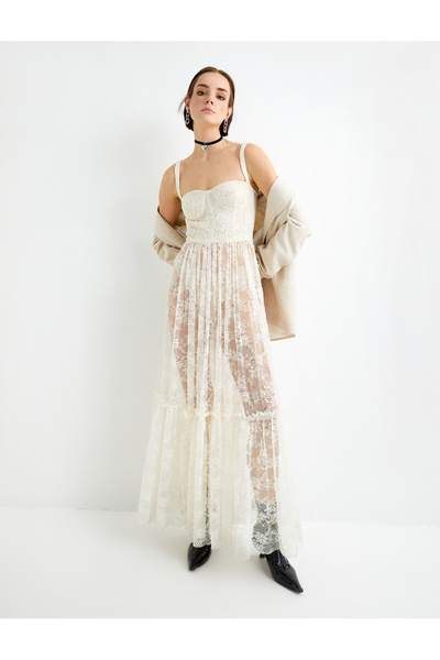 Koton Dantelli Uzun Elbise Askılı Kalp Yaka