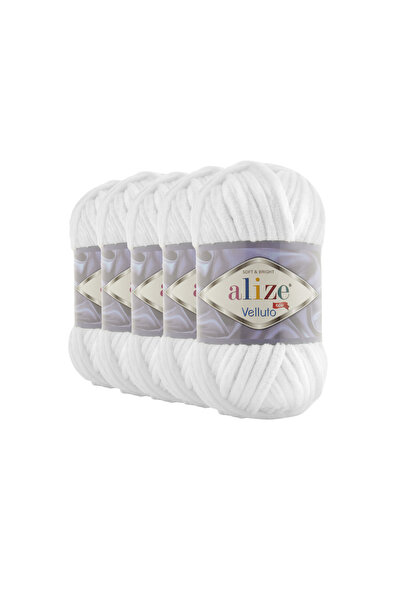 Alize Pack of 5 Velluto Hand Knitted - Color Code 55 White, 100 Gr. 9 Mt. Finger Knit Lanyard