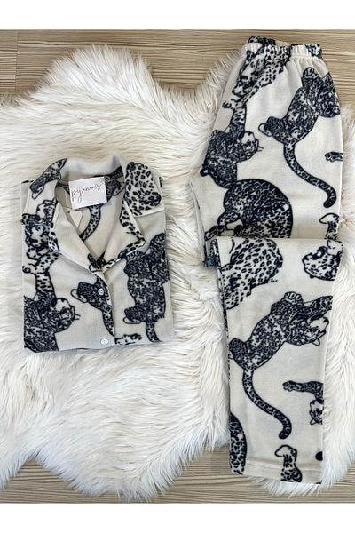 Pijamacs Комплект пижама от полар с кремав тигров шарен мотив и копчета отпред