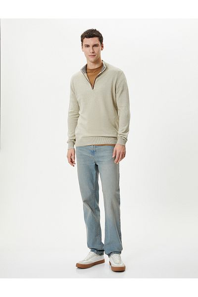 Koton Long Sleeve Slim Fit Sweater - Half Zipper and Elbow Detail