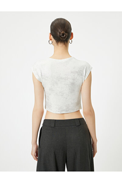 Koton Metallic Foil Printed Crop T-Shirt Sleeveless Crew Neck