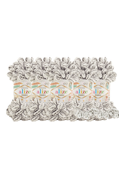 Alize Ață pentru tricotat manual Puffy Pachet 5 - 686 Snow Leopard - 100 Gr. 9 Mt. Snur de tricotat cu degetul