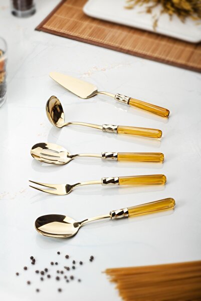 EWs 5 Piece Gold Serving Set & Serving Presentation Set Amber (Lovel / Colander / Spatula / Fork / Spoon)