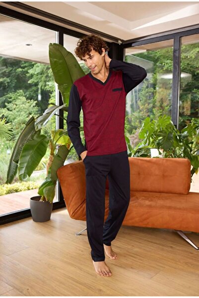 İpek Ανδρικό σετ πιτζάμες με μακρύ μανίκι V λαιμόκοψη 100% βαμβάκι