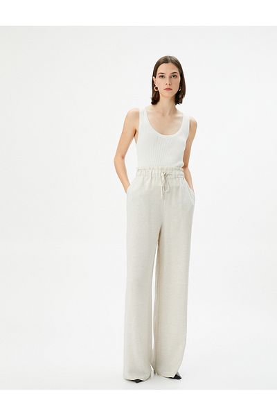Koton Wide Leg Trousers High Waist Lace Up Pocket