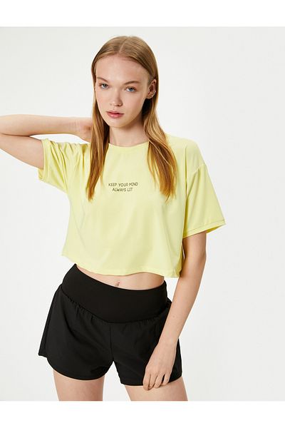 Koton Crew Neck Crop Sports T-Shirt - Short Sleeve and Print Detail