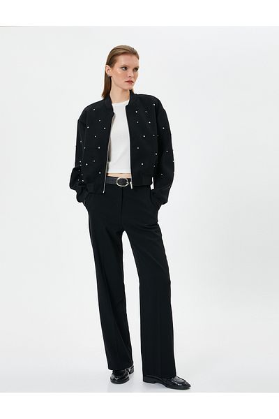 Koton Bomber Jacket Shiny Stone Embroidered Zippered Ribbed