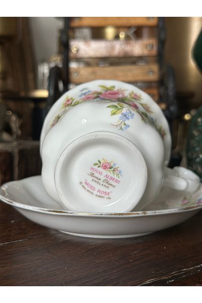 Royal Albert Antique porcelain moss rose double coffee / nescafe & tea cup and saucer