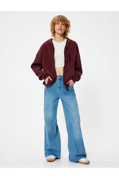 Koton Star Embroidered Oversize Zippered Sweatshirt - Kangaroo Pocket