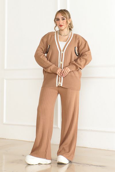 Molly Nelly Women's Knitwear Ribbed Cardigan Trousers Pocket Detailed Set