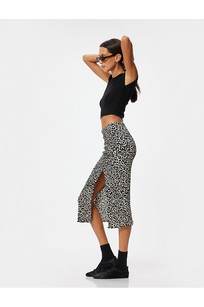 Koton Leopard Patterned Skirt Midi Slit Draped Wrap