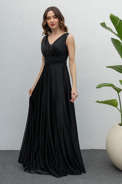 XXL BUTİK Rochie de seara neagra cu decolteu in V pentru dama - X2030