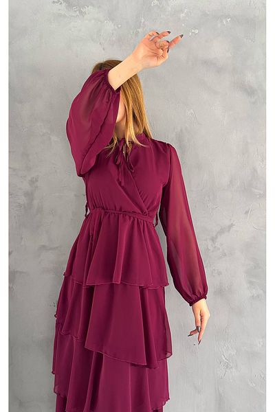 XXL BUTİK Rochie de damă din șifon cu curea și guler cu detaliu de legare Xk2041