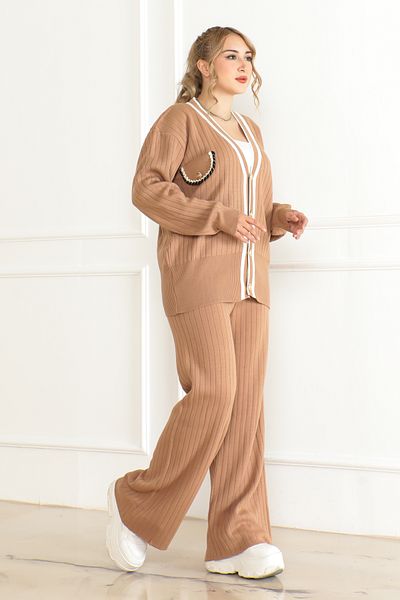 Molly Nelly Women's Knitwear Ribbed Cardigan Trousers Pocket Detailed Set
