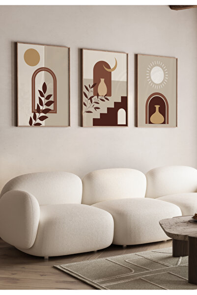 AR AJANS KANVAS TABLO Doğanın Kahve Modu Geometrik Soyut Tasarım 3'lü Set MDF TABLO