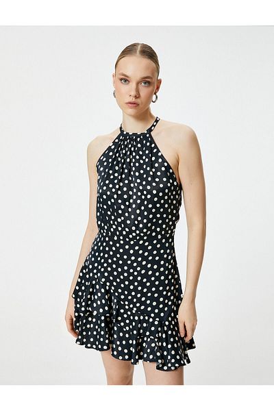 Koton Polka Dot Satin Dress Halter Neck Mini Flounced