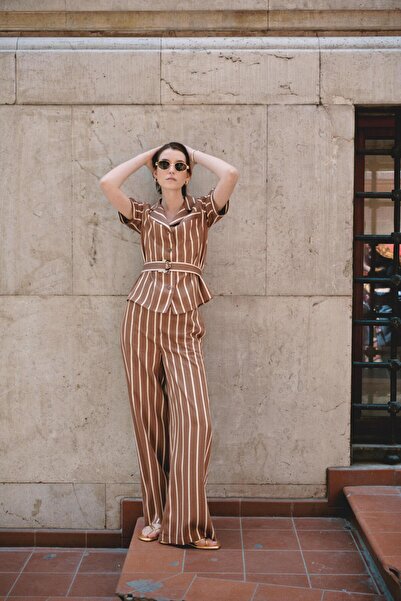 Exquise Belted Striped Wide Leg Trousers